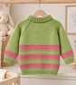 Baby Girl's Hand-knitted Green Cardigan With Pink Stripe, 12-18 mnths - Image 2