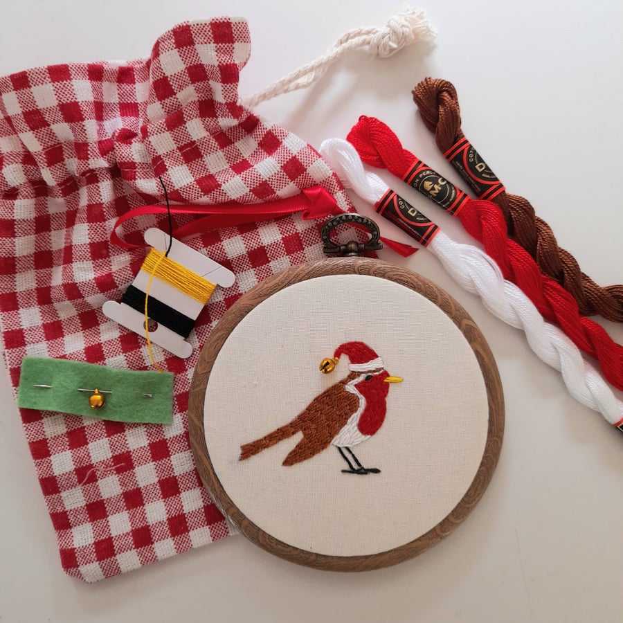 Christmas Robin Embroidery Kit, Full Kit