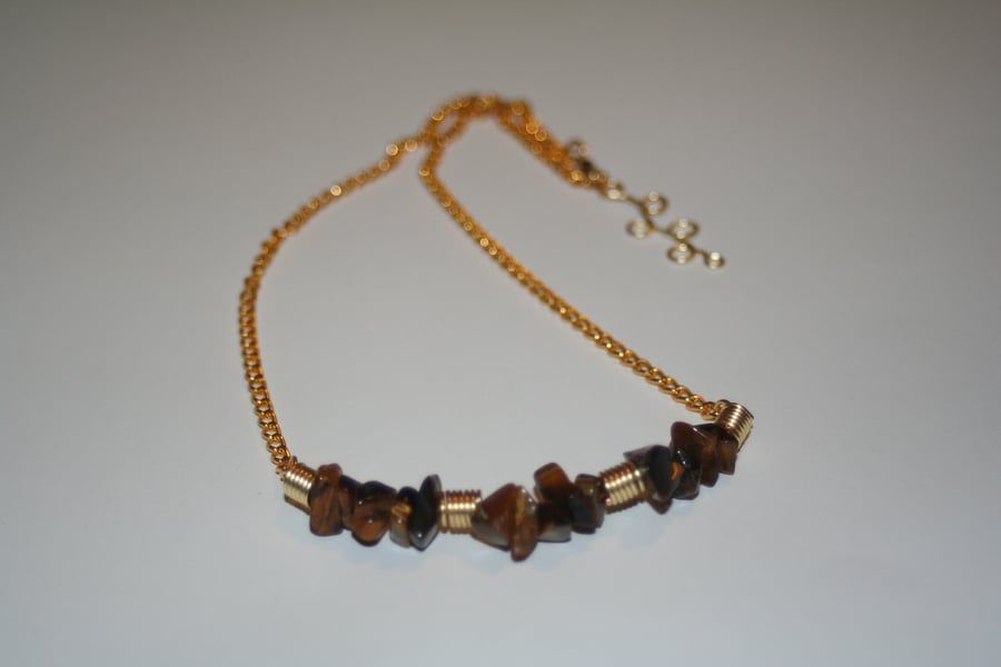 Tiger's eye and gold plated bar necklace