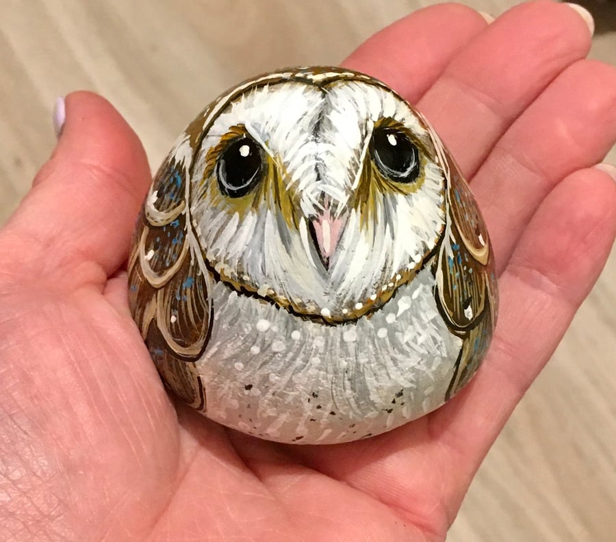 Barn owl painted pebble garden rock art wildlife portrait stone bird