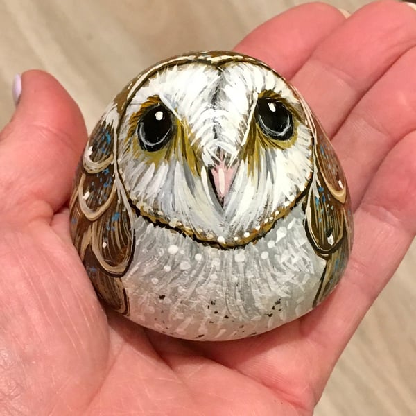 Barn owl painted pebble garden rock art wildlife portrait stone bird