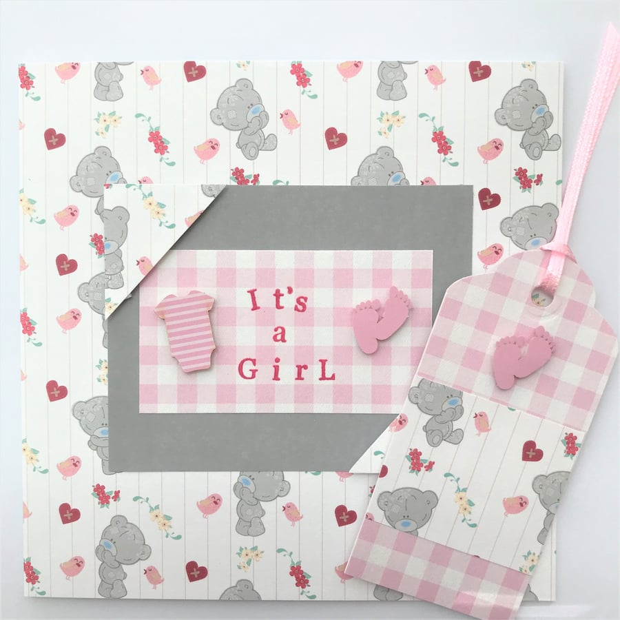 Handmade New Baby Girl card 6 x 6 ins Pink white bear Matching Gift tag