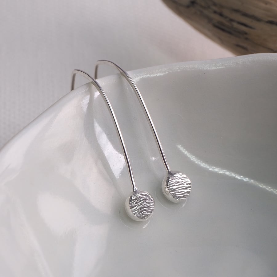 Silver Drop Earrings, hammered recycled silver pebble drop earrings