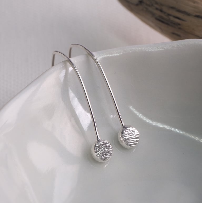 Silver Drop Earrings, hammered recycled silver pebble drop earrings
