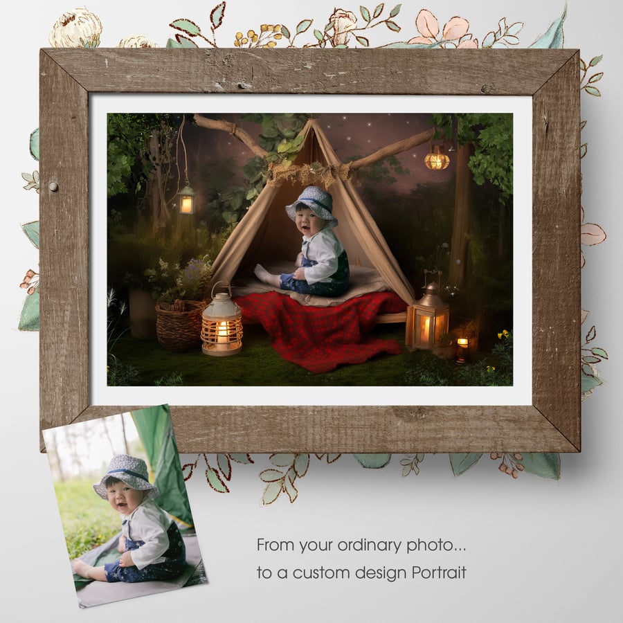 Camping Trip, Fantasy Portrait for child custom photo art
