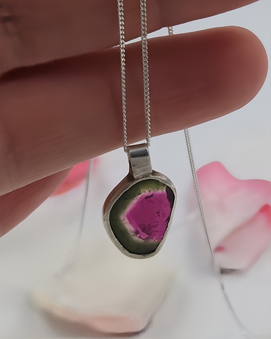 One-of-a-Kind Watermelon Tourmaline Slice Pendant, Sterling Silver Bezel Set