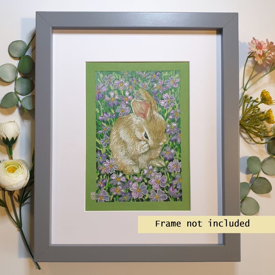 Baby bunny among purple flowers, small original drawing, animal art