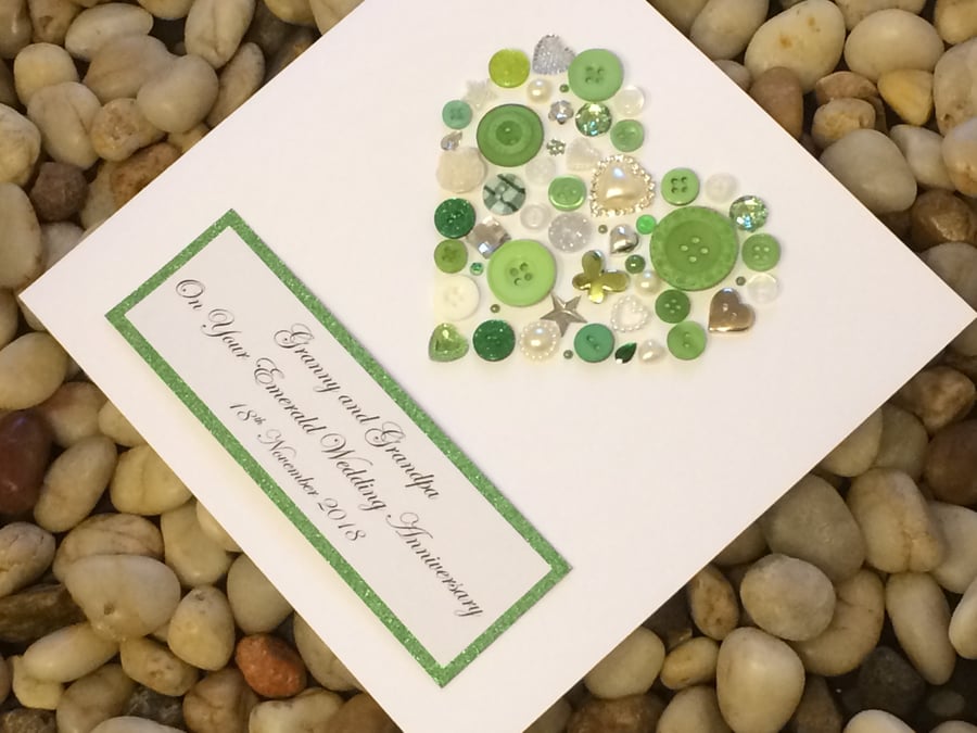 Personalised 55th Emerald Wedding Anniversary Card, Handmade Card, Button Card