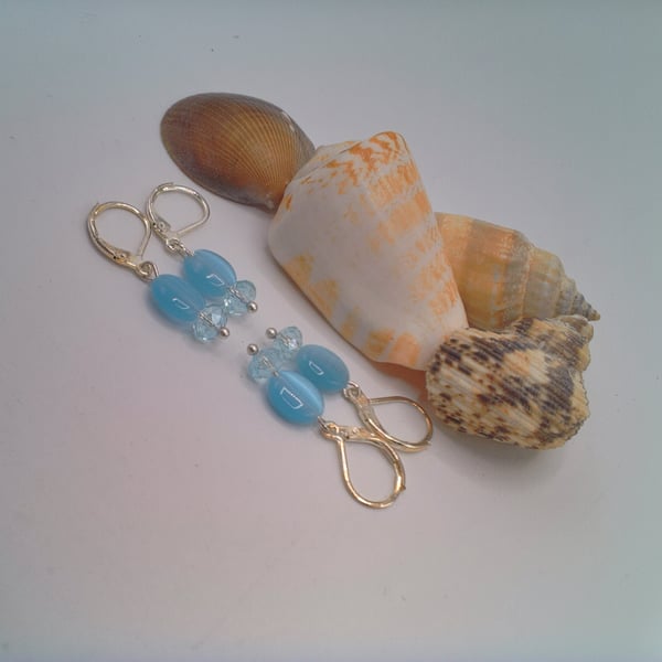 Earrings with Pale Blue Oval Glass Bead and Crystal Rondelle, Gift for Her