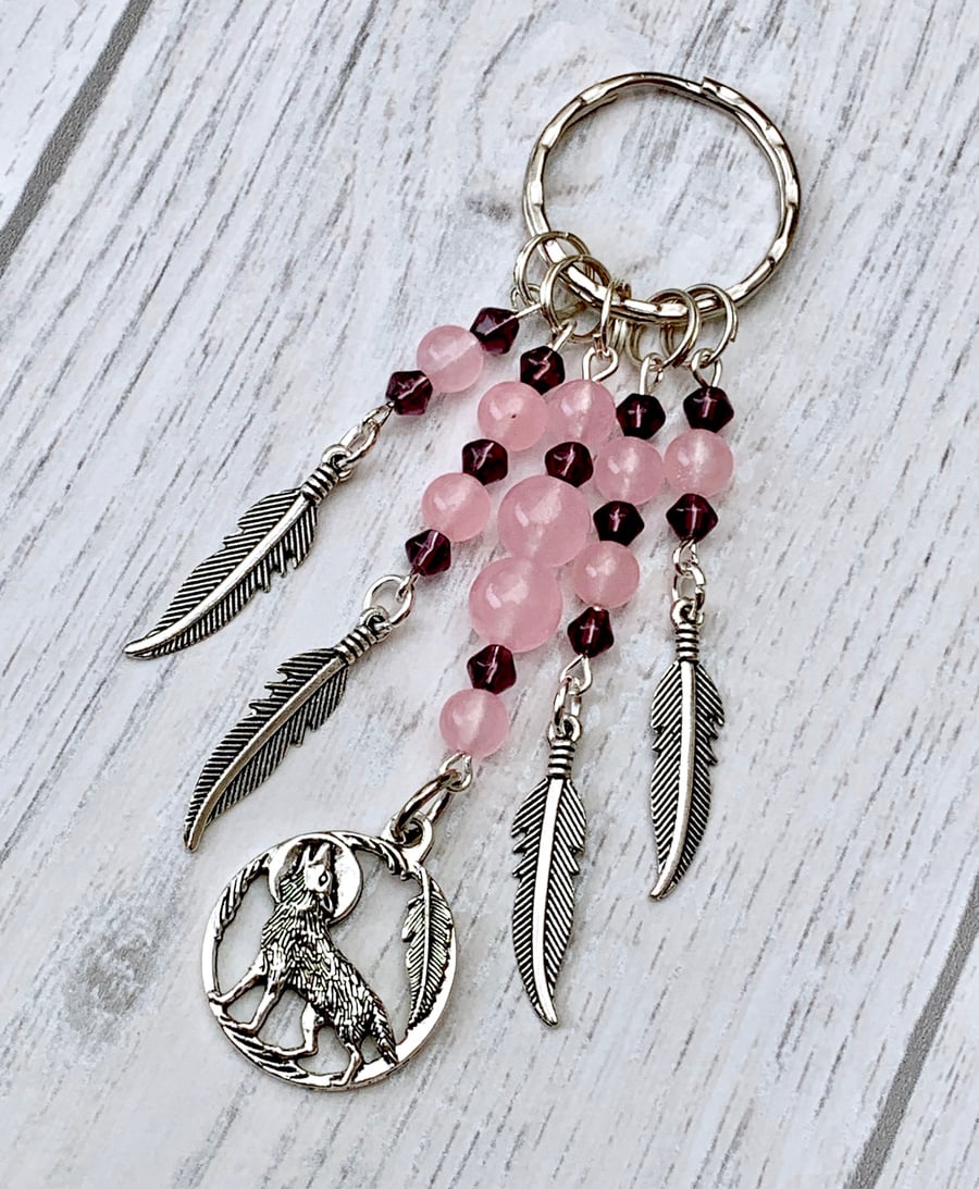 Dream Catcher Style Wolf Rose Quartz Gemstone Keyring 