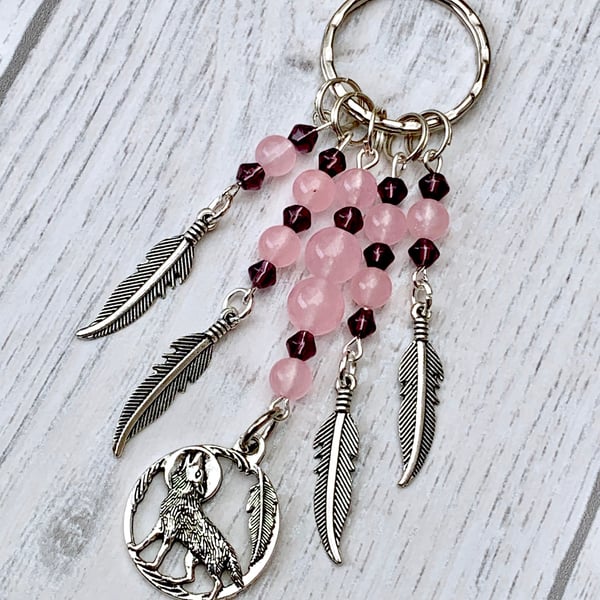 Dream Catcher Style Wolf Rose Quartz Gemstone Keyring 