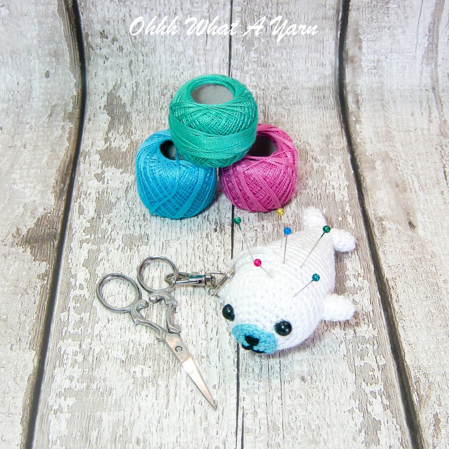 White crochet seal hanging decoration, scissor keeper, pin cushion, bag charm