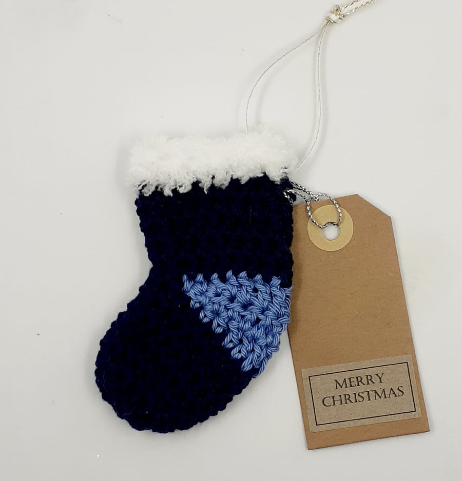 Dark Blue Crochet Christmas Stocking Decoration - Alternative to a Card 