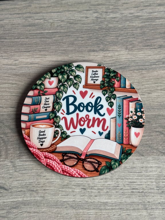 Book lover coaster 'Book Worm' perfect reading gift, home decor, round coaster