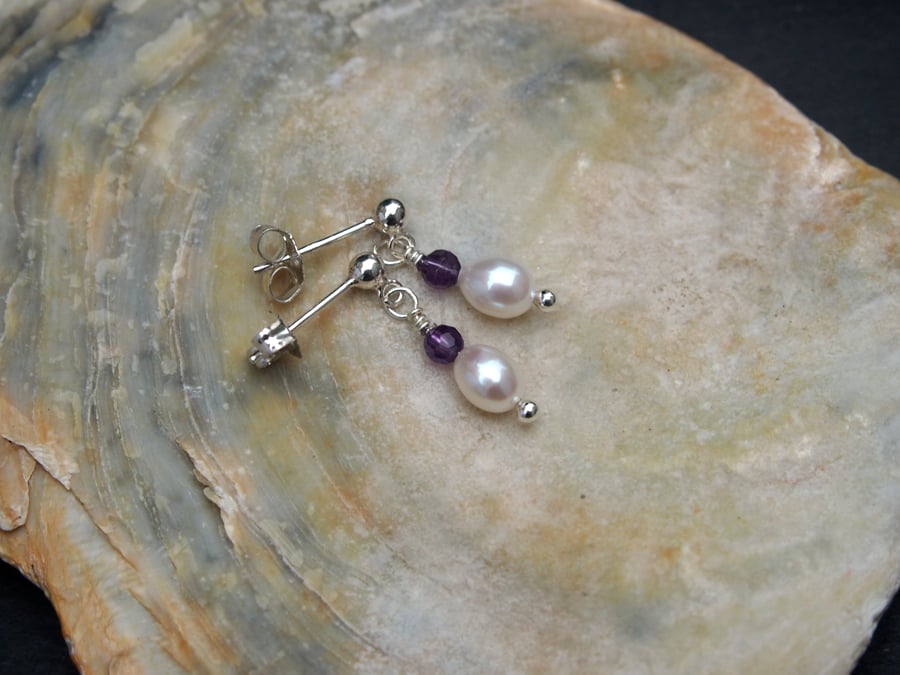 Natural freshwater pearl and amethyst earrings