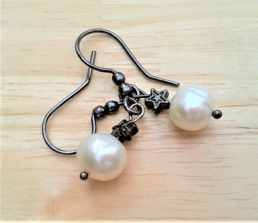 White Dangle Freshwater Pearl Earrings,  Black & White Pearl Earrings