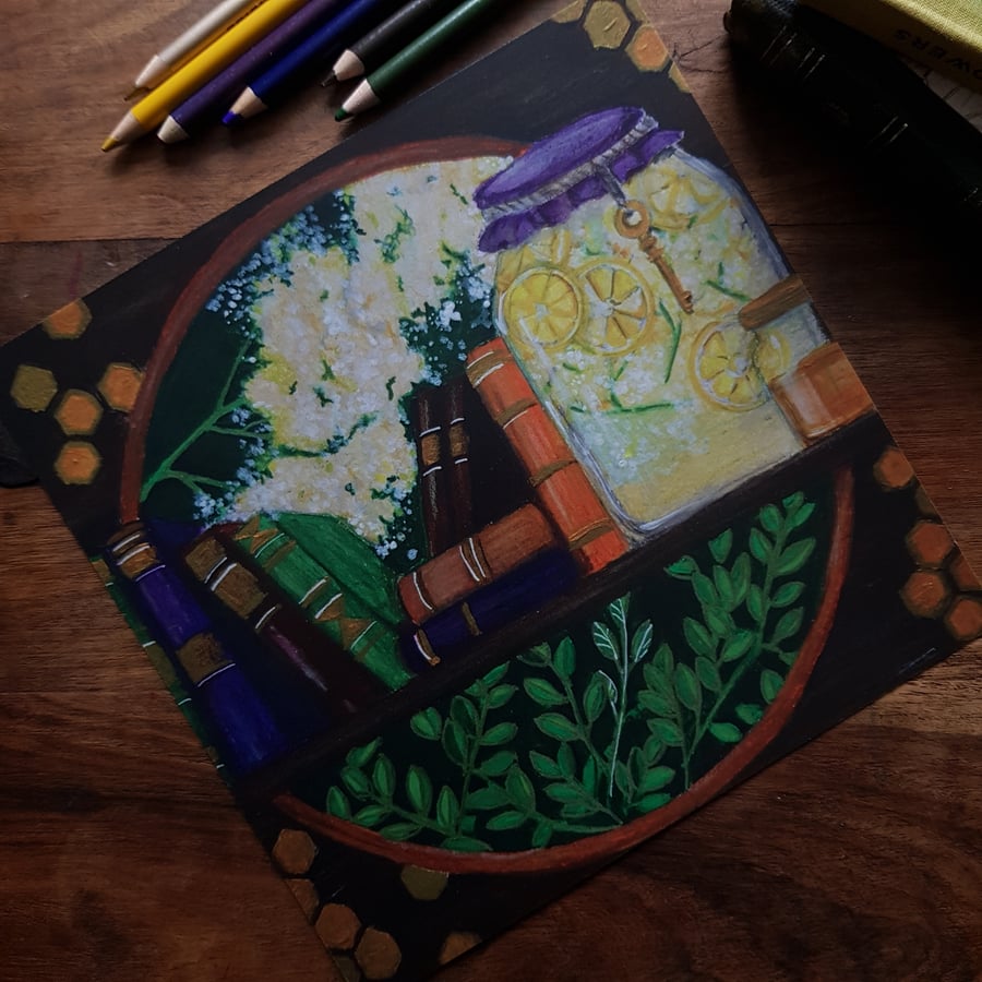 Elderflower cordial and books- art print 
