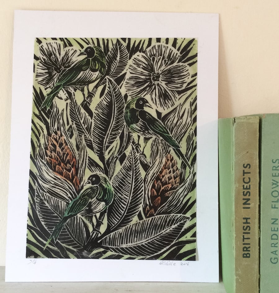 Botanical Birds waxed Lino Print