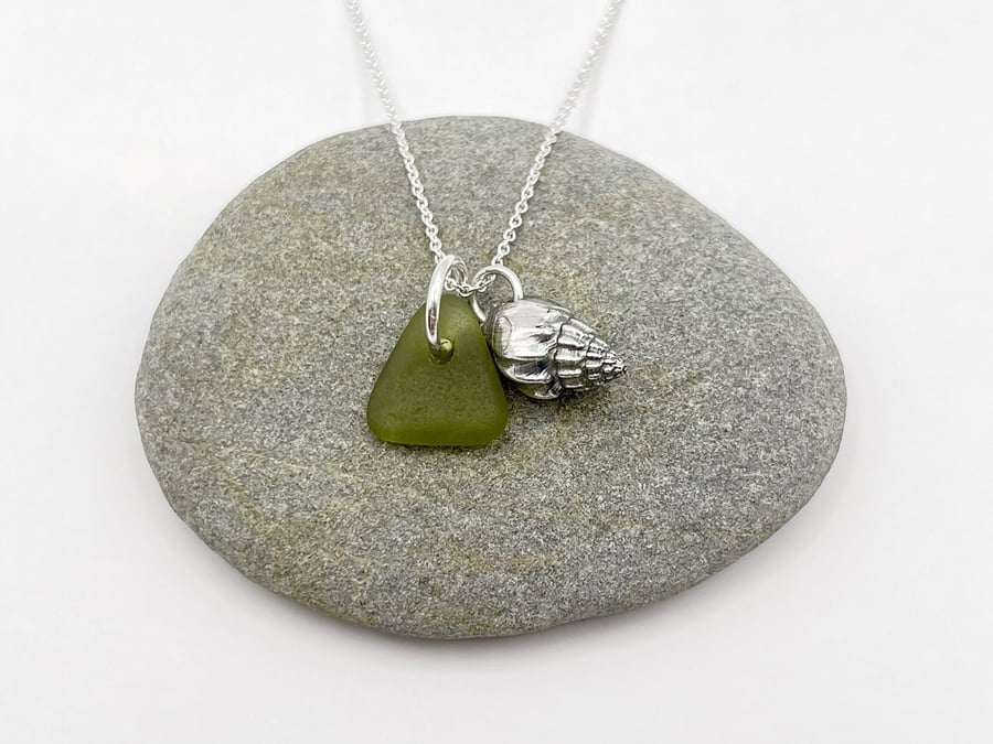 Cornish Sea Glass Necklace with Baby Bear Conch Shell - Olive