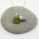 Cornish Sea Glass Necklace with Baby Bear Conch Shell - Olive