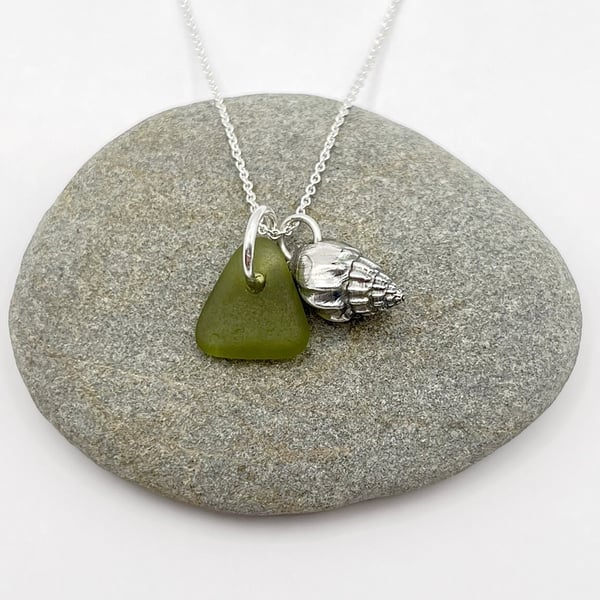 Cornish Sea Glass Necklace with Baby Bear Conch Shell - Olive