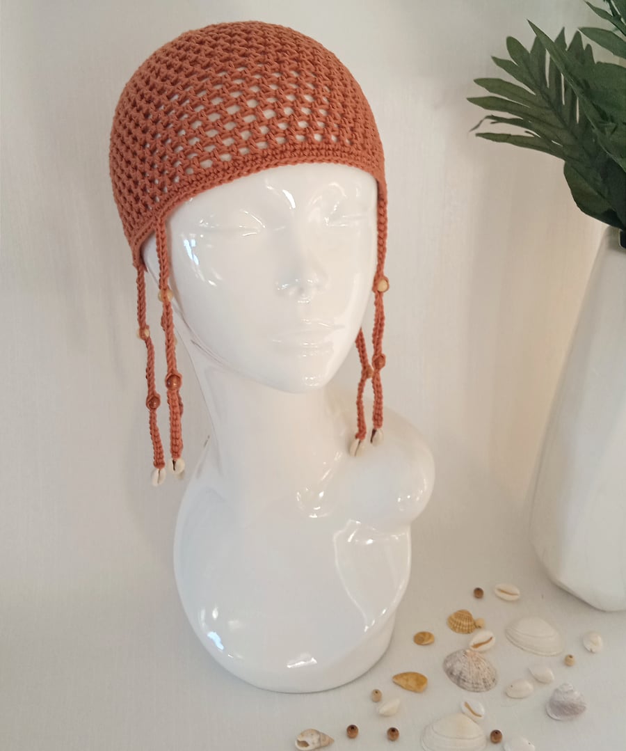 Braided Russet Orange Mesh Crochet Skull Cap with Beads and Shells