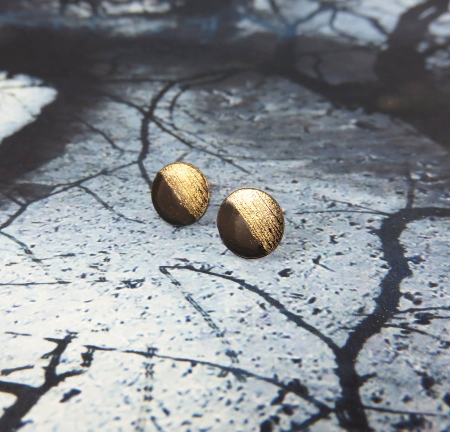 Glossy Black and Gold Shimmer Round Enamel on Copper Studs