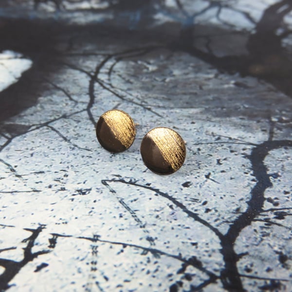 Glossy Black and Gold Shimmer Round Enamel on Copper Studs