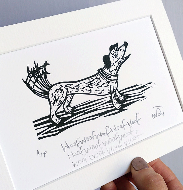 Woof woof woof - dog lino cut art print