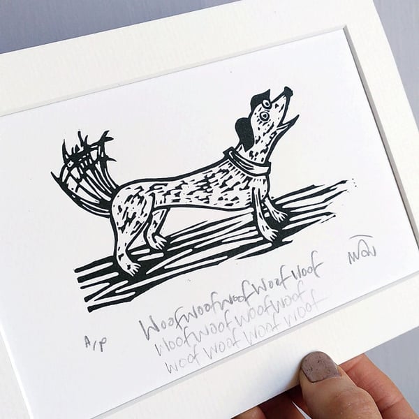 Woof woof woof - dog lino cut art print
