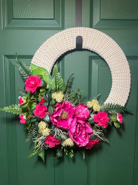 Handmade Crochet Base Floral Wreath with Vibrant Pink Peonies and Ferns
