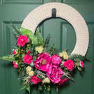 Handmade Crochet Base Floral Wreath with Vibrant Pink Peonies and Ferns