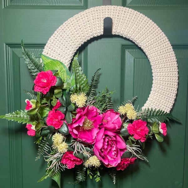 Handmade Crochet Base Floral Wreath with Vibrant Pink Peonies and Ferns