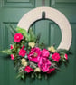 Handmade Crochet Base Floral Wreath with Vibrant Pink Peonies and Ferns