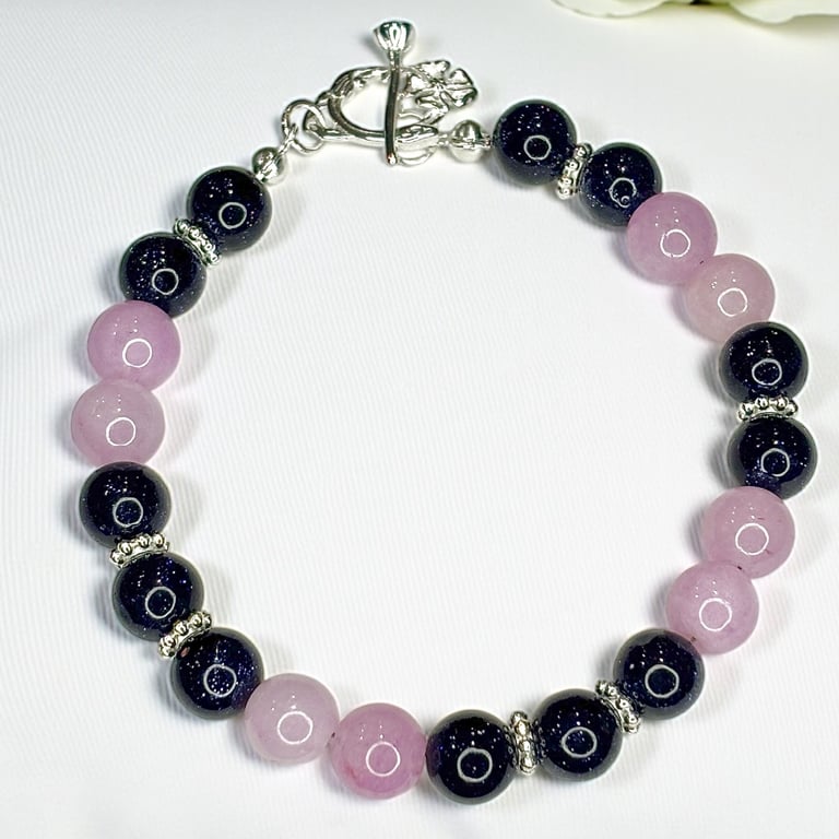 Pink Kunzite and Blue Goldstone Bracelet with Sterling Silver Rose Clasp