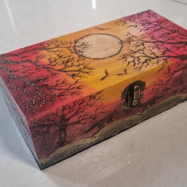 Wooden box hand painted felt  lined box tarot cards, trinket, fox sunset artwork