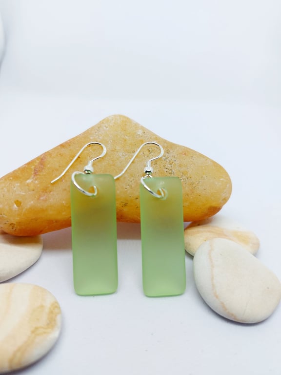 Sea Mist cultered sea glass and sterling silver puffed rectangle drop earrings