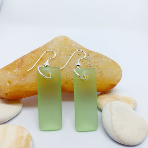 Sea Mist cultered sea glass and sterling silver puffed rectangle drop earrings