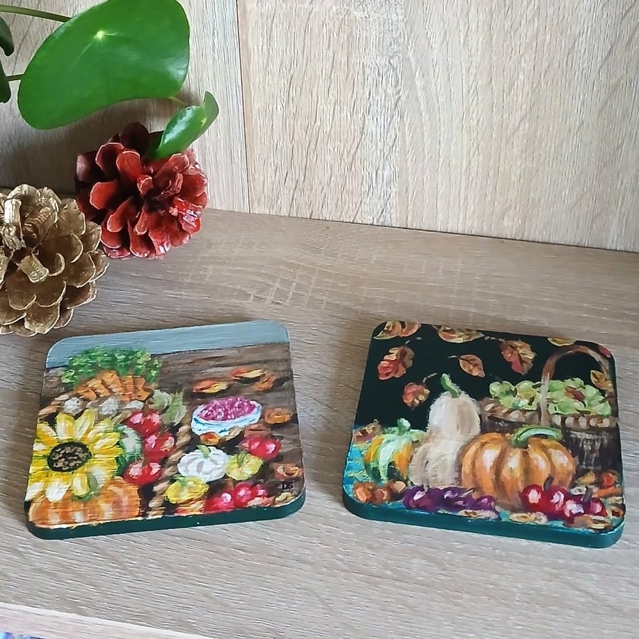 Coasters set of two handpainted with a different Autumn Harvest.  