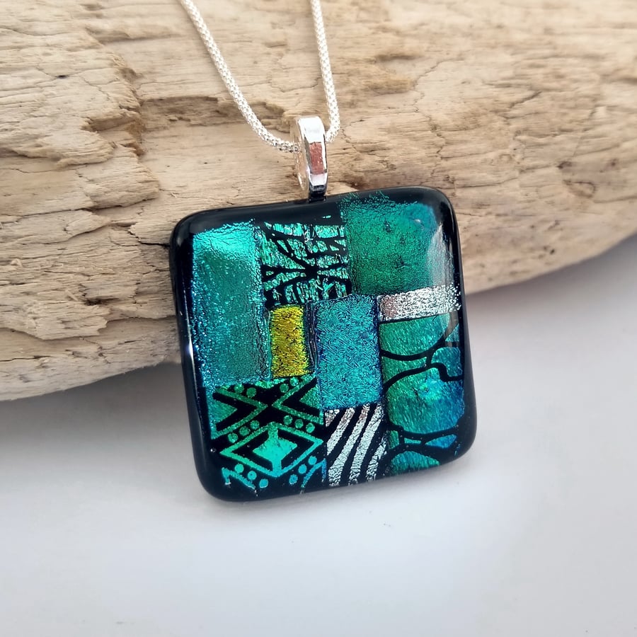 Emerald fused glass mosaic pendant