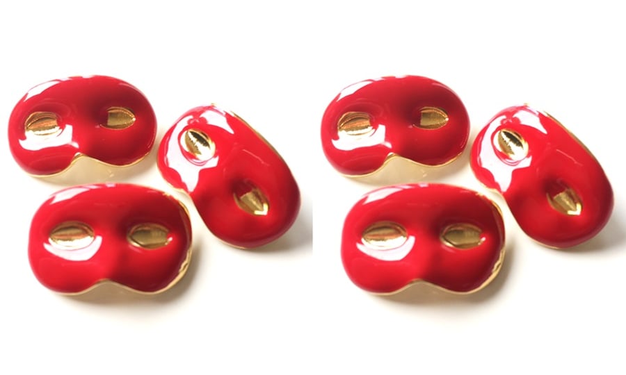 6 Masked Ball Buttons, Red, 15mm Wide, Enamel Covered Metal, Italian Designer