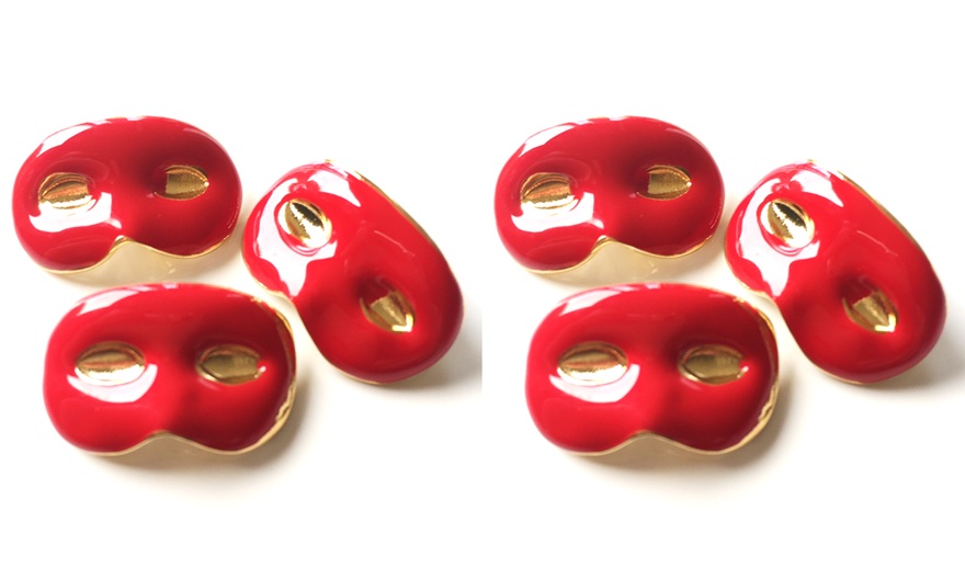 6 Masked Ball Buttons, Red, 15mm Wide, Enamel Covered Metal, Italian Designer
