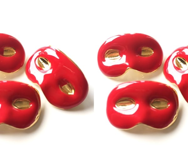 6 Masked Ball Buttons, Red, 15mm Wide, Enamel Covered Metal, Italian Designer