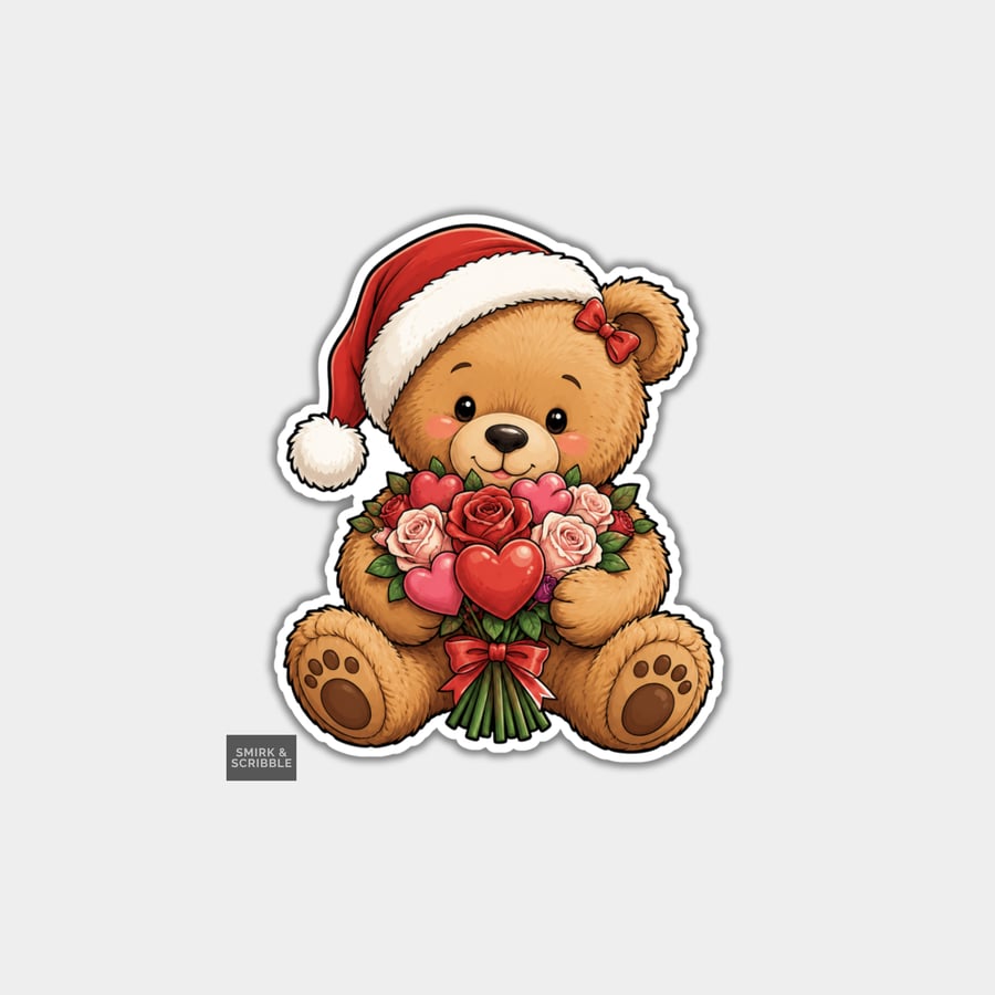 Image of Funny Christmas Sticker Vinyl Xmas Decal For Adults - Teddy Bear & Flowers