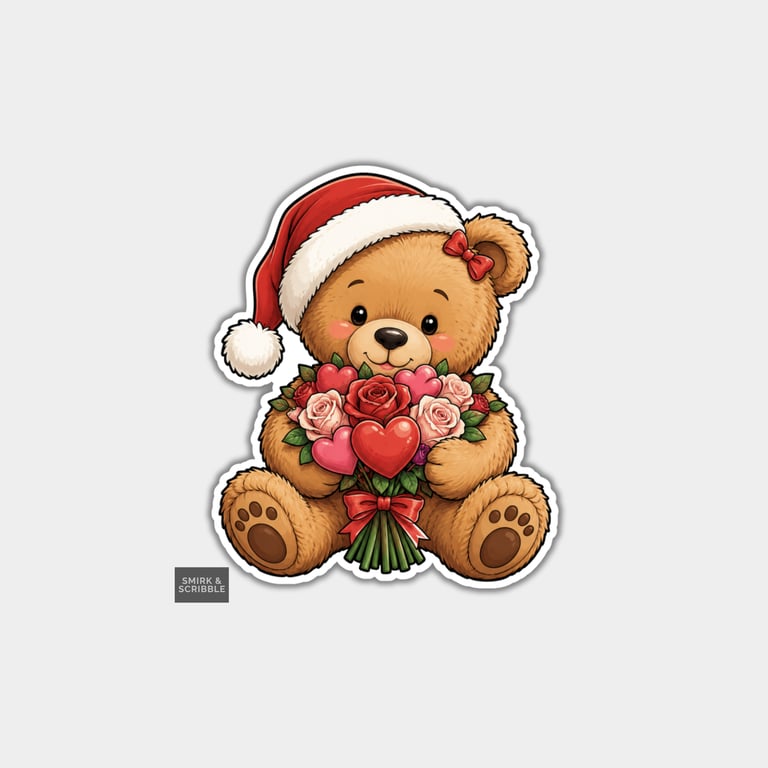 Funny Christmas Sticker Vinyl Xmas Decal For Adults - Teddy Bear & Flowers