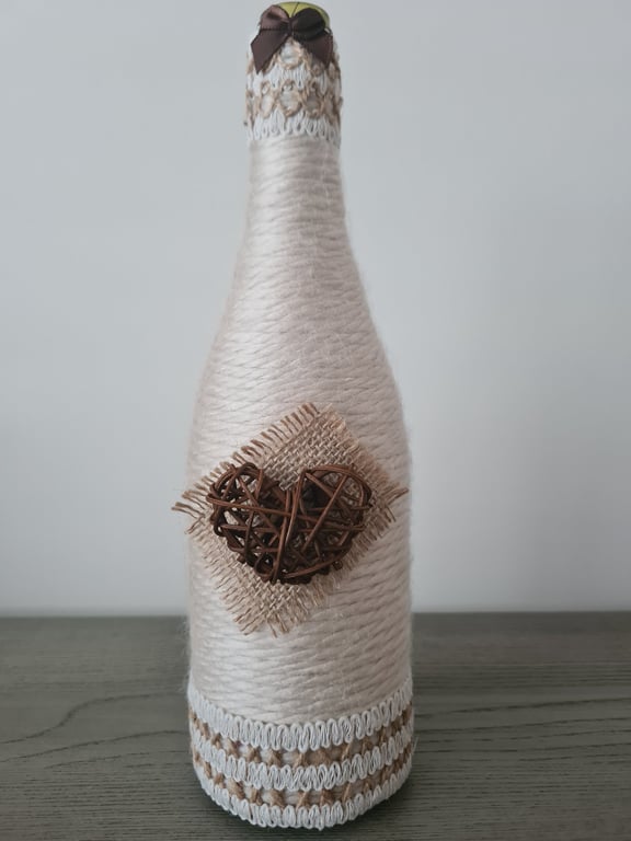 Handmade Upcycled Wine Bottle Ornament, Rustic Neutral Home Decor, Gift Idea