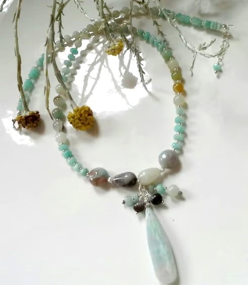 Designer Amazonite Drop Cluster Sterling Silver Necklace