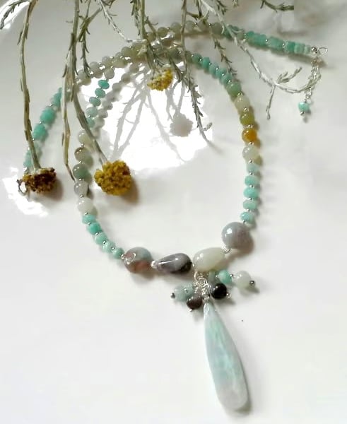 Designer Amazonite Drop Cluster Sterling Silver Necklace