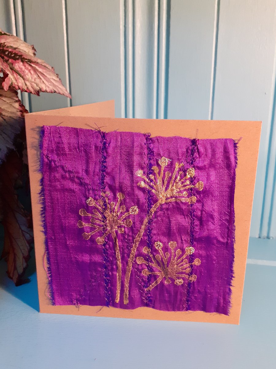 Purple and gold - stitched and printed sari silk ribbon card