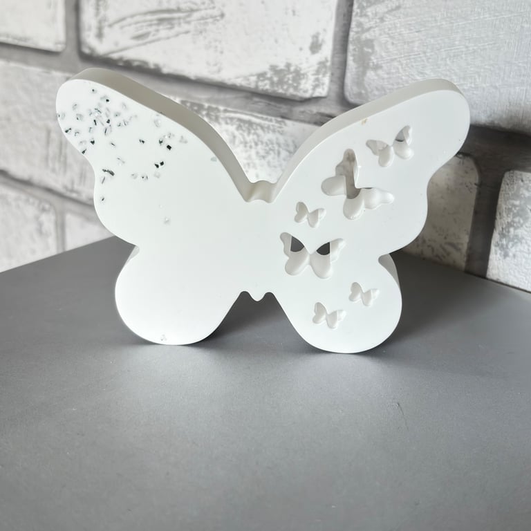 Freestanding White Butterfly Ornament with Embedded Turquoise Glass Chips 